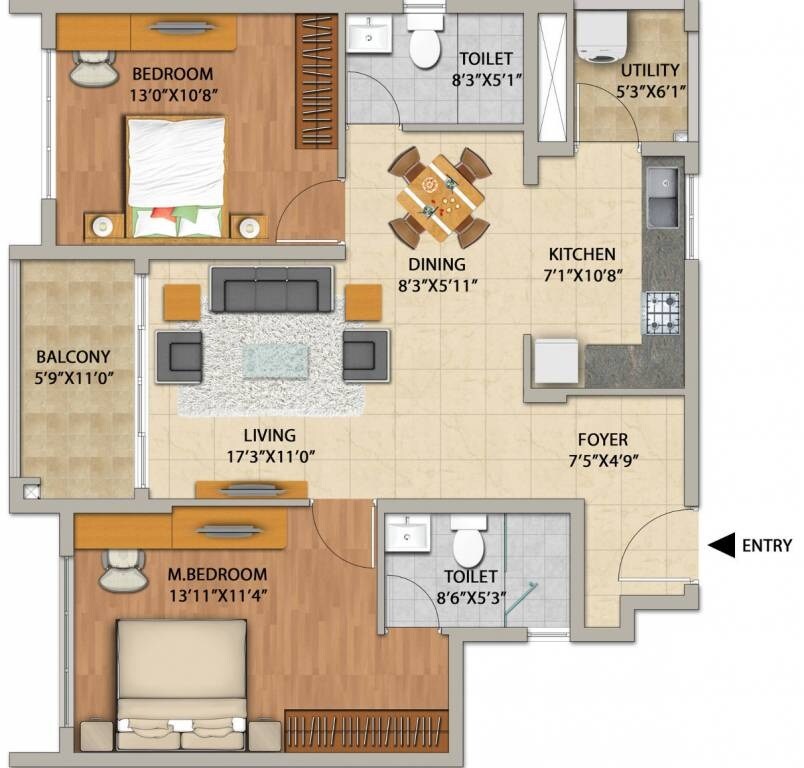 Floor plan of 2 BHK 1172 Sq. Ft. Apartment in Adarsh Pinecourt, Bangalore