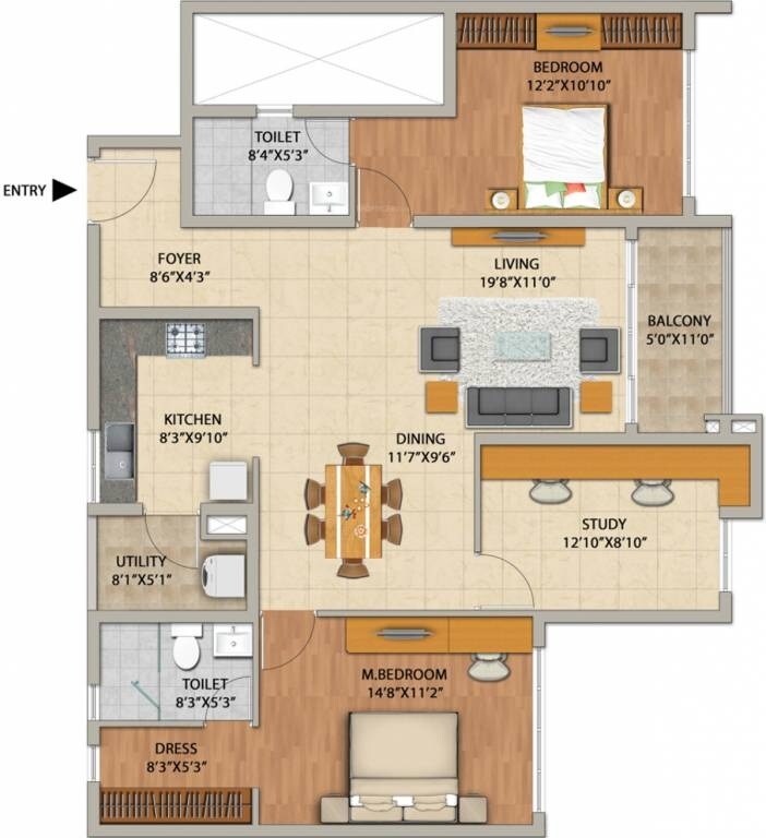 Floor plan of 2 BHK 1496 Sq. Ft. Apartment in Adarsh Pinecourt, Bangalore