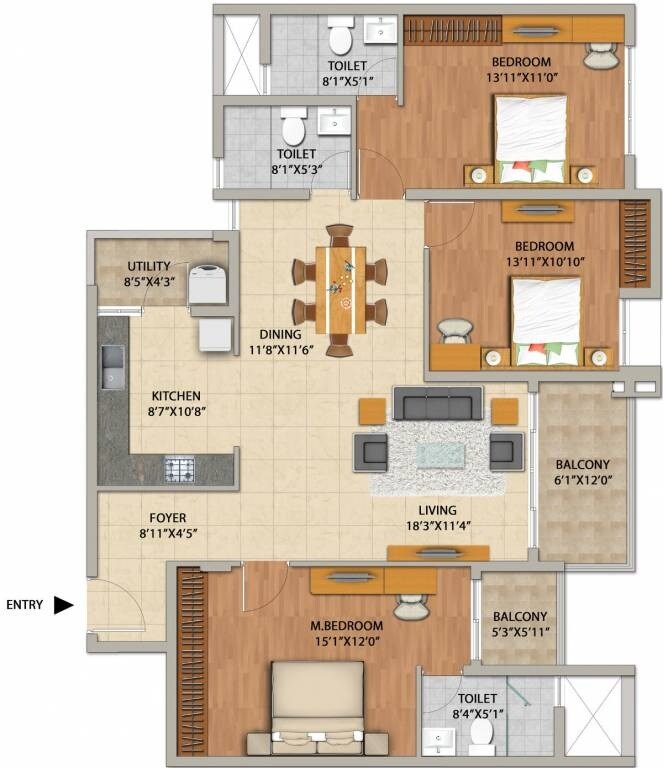 Floor plan of 3 BHK 1728 Sq. Ft. Apartment in Adarsh Pinecourt, Bangalore