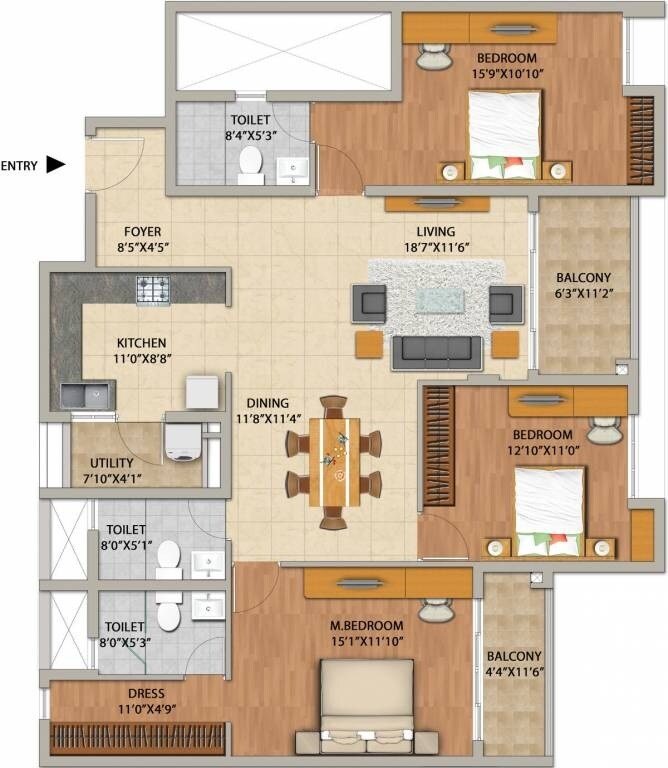 Floor plan of 3 BHK 1822 Sq. Ft. Apartment in Adarsh Pinecourt, Bangalore