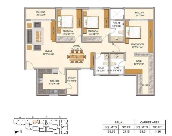Floor plan of 3 BHK 2115 Sq. Ft. Apartment in Adarsh Premia, Bangalore