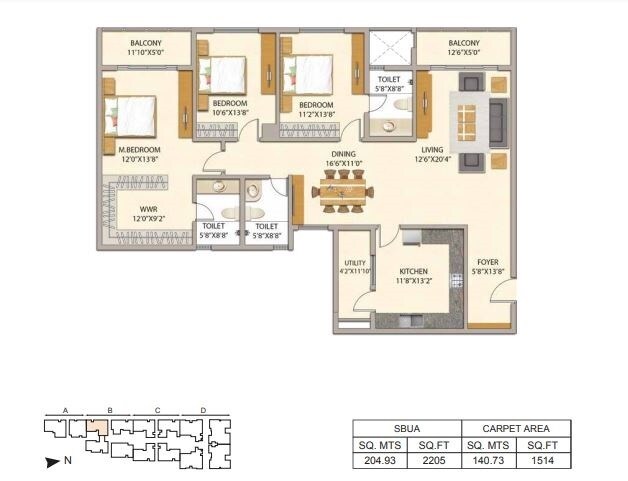 Floor plan of 3 BHK 2205 Sq. Ft. Apartment in Adarsh Premia, Bangalore