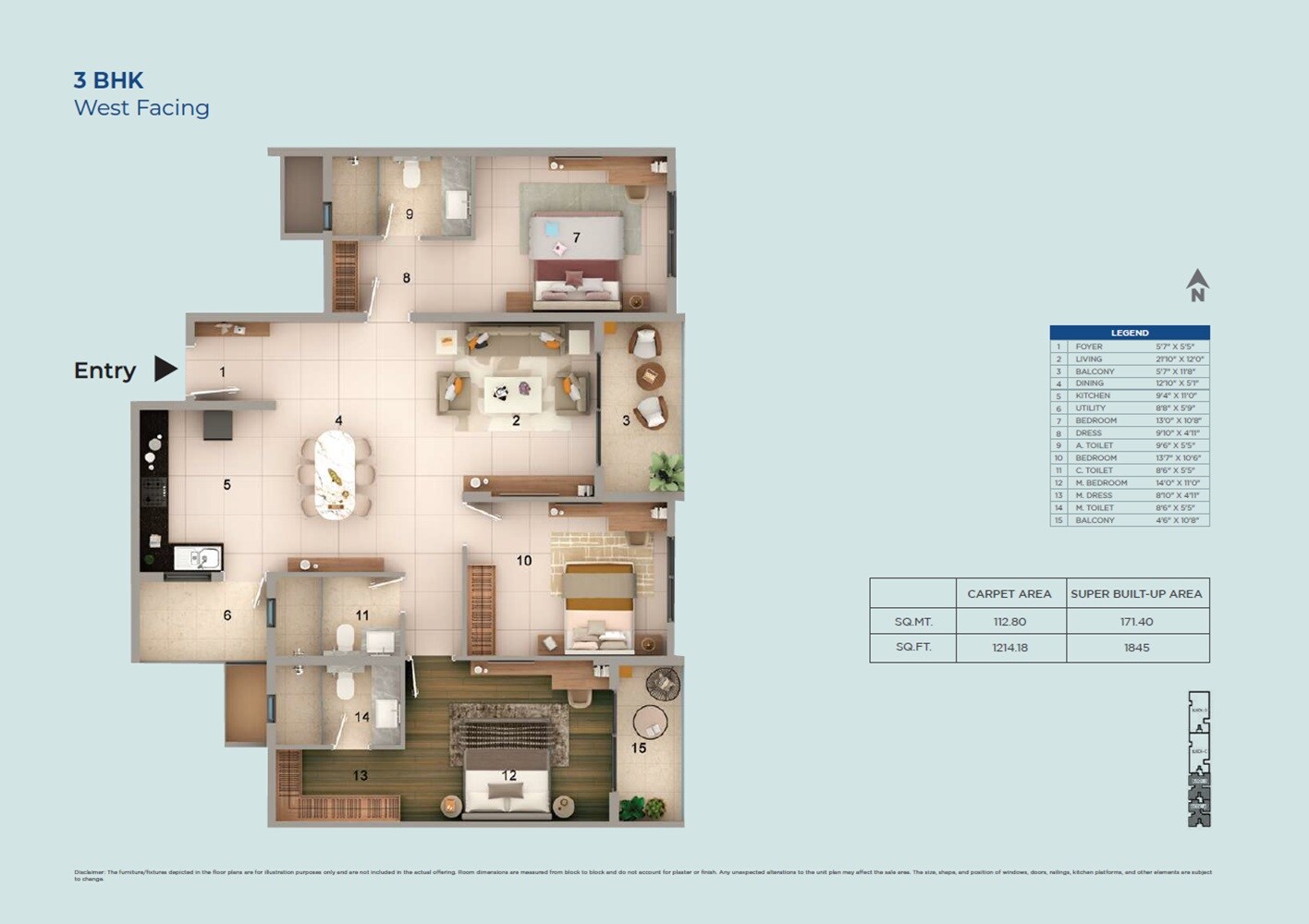 Floor plan of 3 BHK 1845 Sq. Ft. Apartment in Adarsh Rosewood, Bangalore