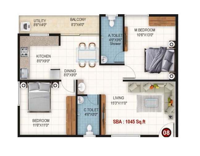 2 BHK 1045 Sq. Ft. Apartment in Adarsh Sai Crystal