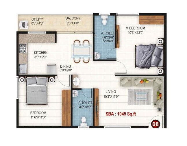 Floor plan of 2 BHK 1045 Sq. Ft. Apartment in Adarsh Sai Crystal, Bangalore