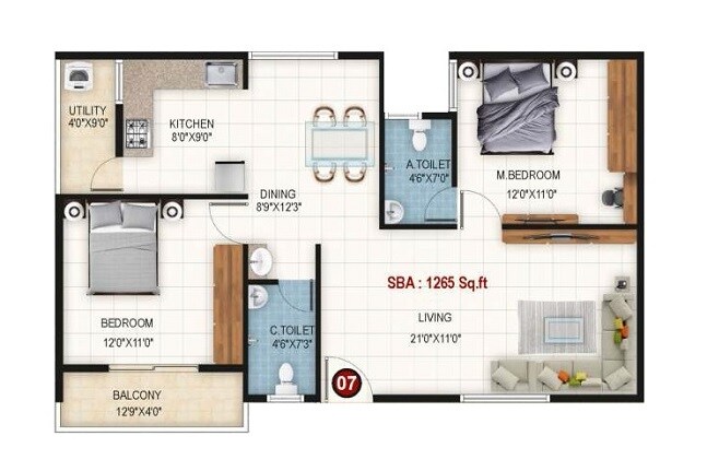 Floor plan of 2 BHK 1265 Sq. Ft. Apartment in Adarsh Sai Crystal, Bangalore
