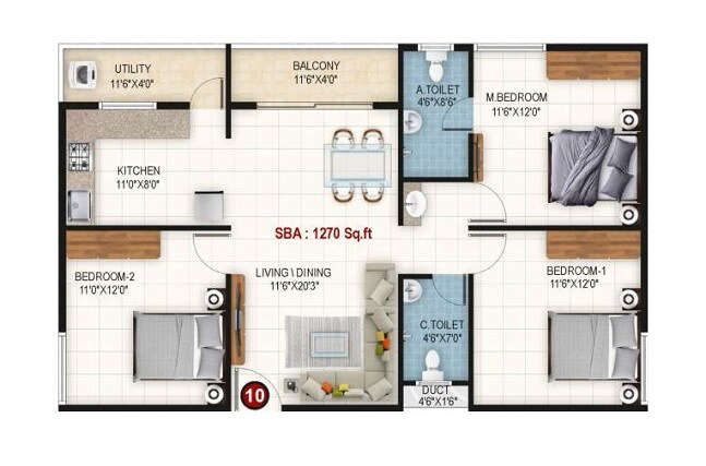 Floor plan of 3 BHK 1270 Sq. Ft. Apartment in Adarsh Sai Crystal, Bangalore