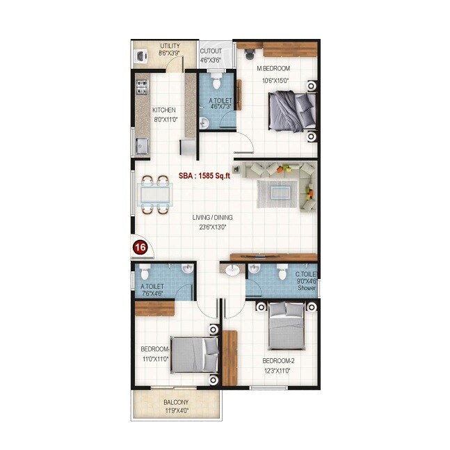 Floor plan of 3 BHK 1585 Sq. Ft. Apartment in Adarsh Sai Crystal, Bangalore