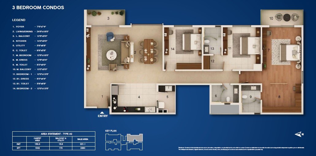 Floor plan of 2 BHK 2380 Sq. Ft. Apartment in Adarsh Stratuss, Bangalore