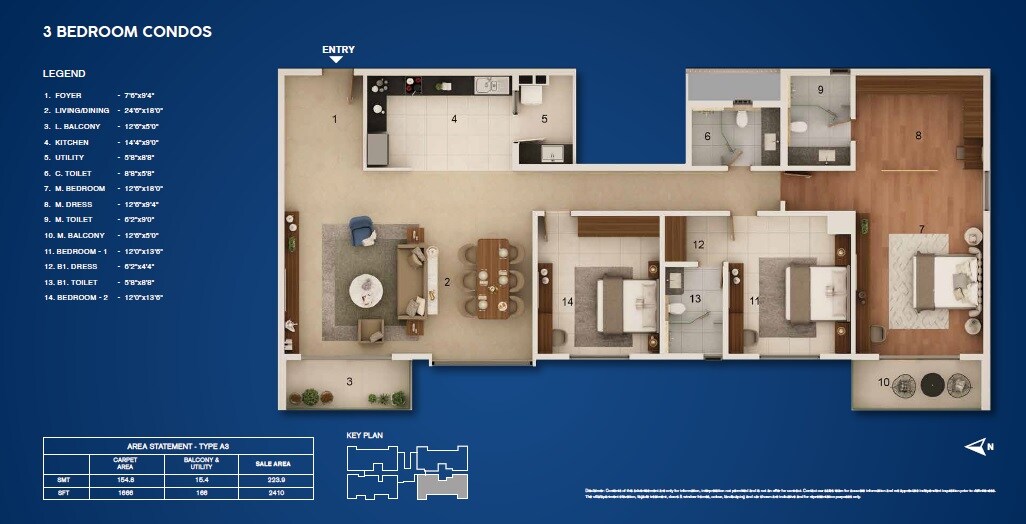 Floor plan of 3 BHK 2410 Sq. Ft. Apartment in Adarsh Stratuss, Bangalore