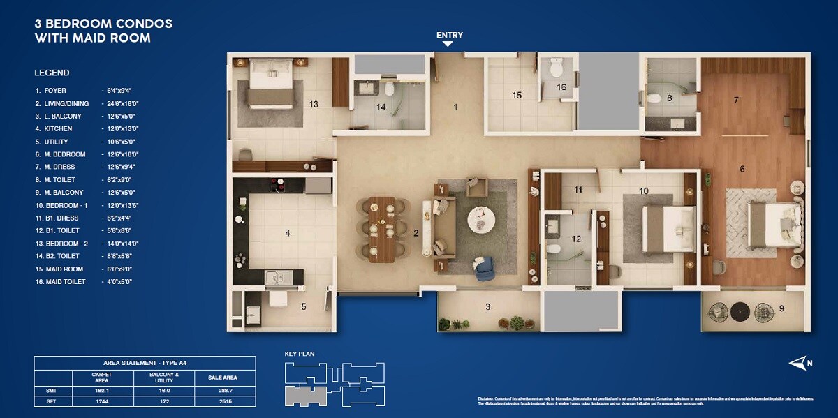 Floor plan of 3 BHK 2515 Sq. Ft. Apartment in Adarsh Stratuss, Bangalore