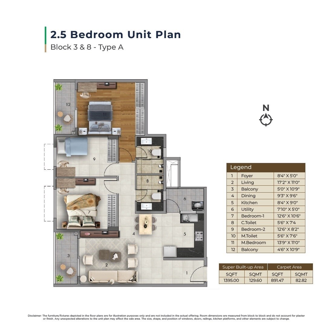 Floor plan of 2 BHK 1395 Sq. Ft. Apartment in Adarsh Tropica, Bangalore