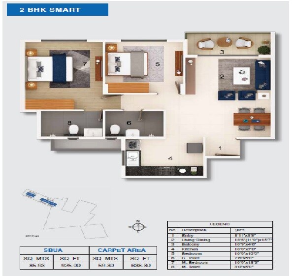 Floor plan of 2 BHK 925 Sq. Ft. Apartment in Adarsh Tropica, Bangalore
