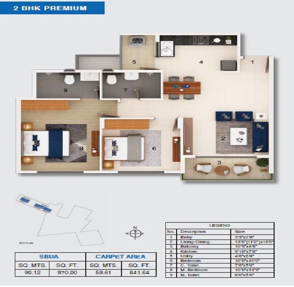 Floor plan of 2 BHK 970 Sq. Ft. Apartment in Adarsh Tropica, Bangalore