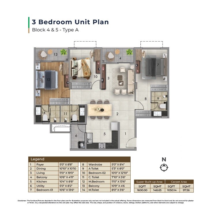 Floor plan of 3 BHK 1600 Sq. Ft. Apartment in Adarsh Tropica, Bangalore