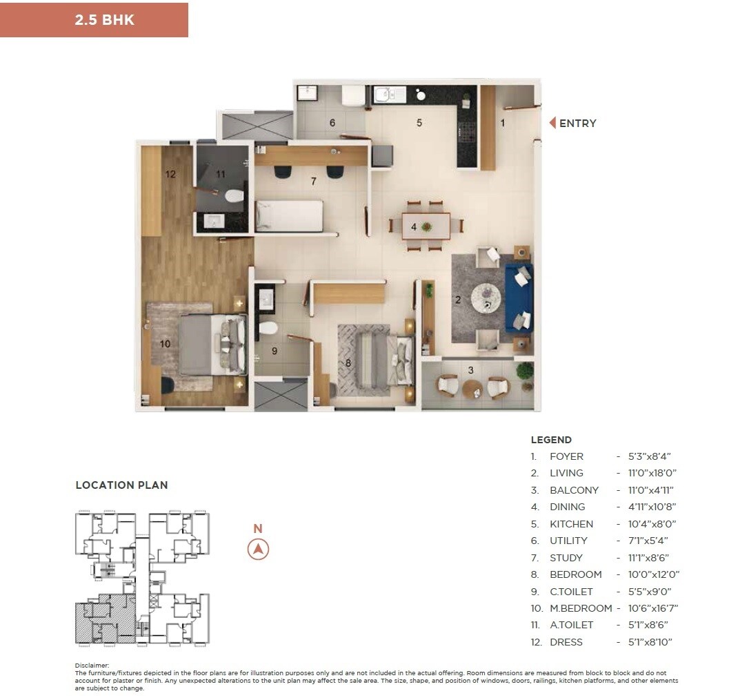 Floor plan of 2 BHK 1465 Sq. Ft. Apartment in Adarsh Welkin Park, Bangalore