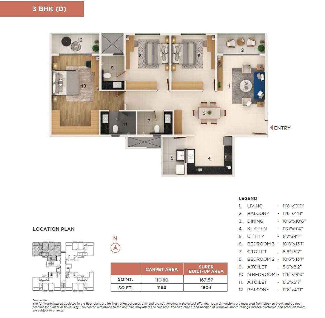 Floor plan of 3 BHK 1804 Sq. Ft. Apartment in Adarsh Welkin Park, Bangalore