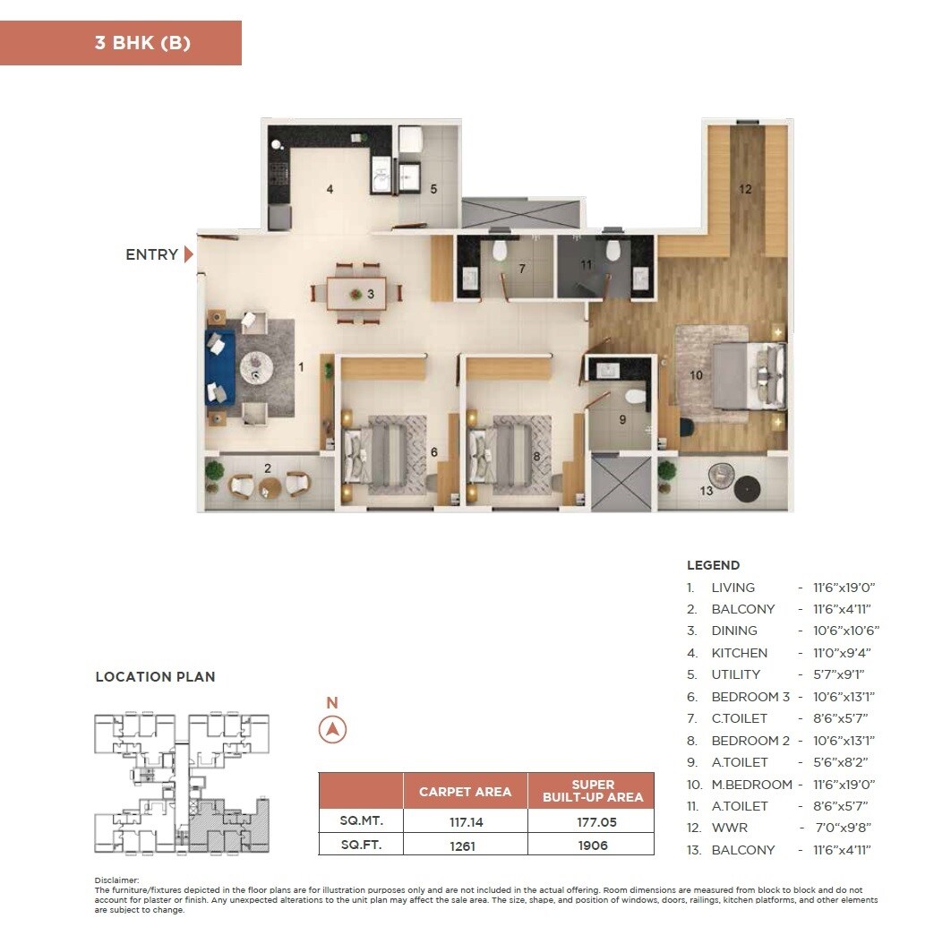 Floor plan of 3 BHK 1906 Sq. Ft. Apartment in Adarsh Welkin Park, Bangalore
