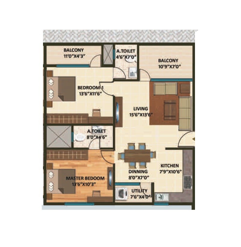 Floor plan of 2 BHK 1315 Sq. Ft. Apartment in Adhishree Sunshine, Bangalore