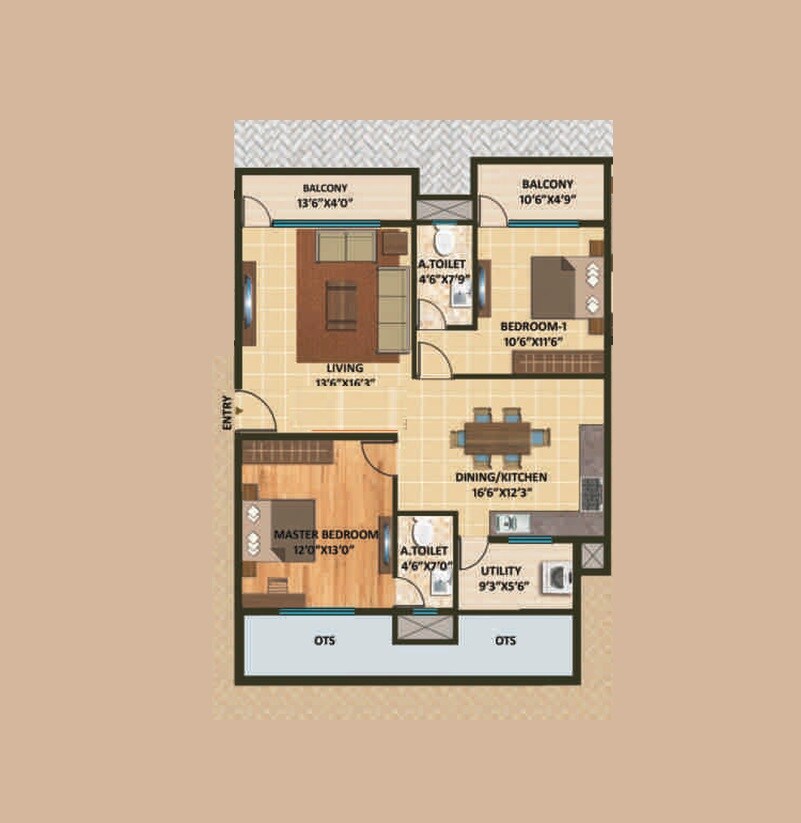 Floor plan of 2 BHK 792 Sq. Ft. Apartment in Adhishree Sunshine, Bangalore