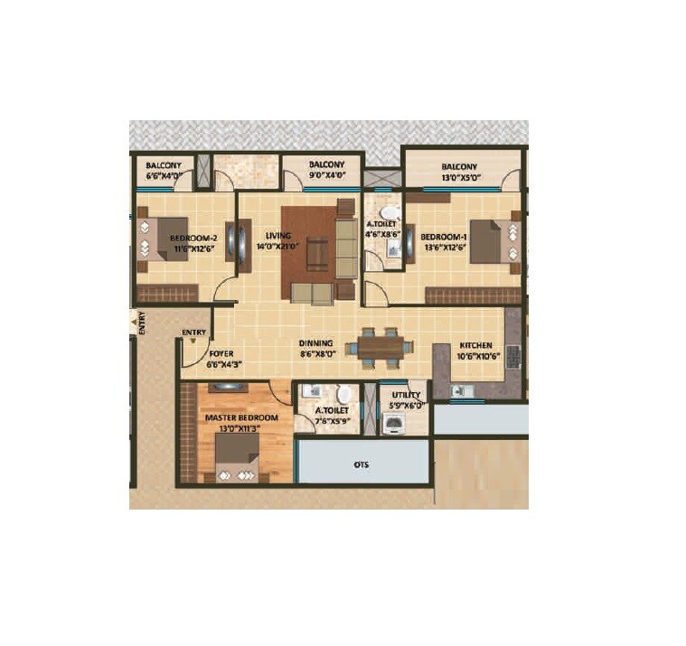 Floor plan of 3 BHK 1632 Sq. Ft. Apartment in Adhishree Sunshine, Bangalore