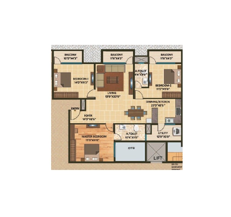 Floor plan of 3 BHK 1902 Sq. Ft. Apartment in Adhishree Sunshine, Bangalore