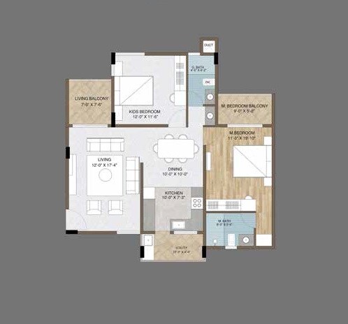 Floor plan of 2 BHK 1012 Sq. Ft. Apartment in Adish Aradhra, Bangalore