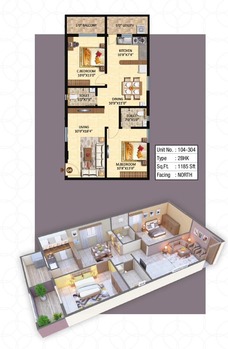 Floor plan of 2 BHK 1185 Sq. Ft. Apartment in Adithi Elegance, Bangalore