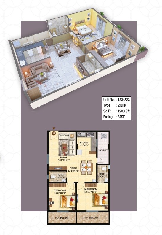 Floor plan of 2 BHK 1200 Sq. Ft. Apartment in Adithi Elegance, Bangalore