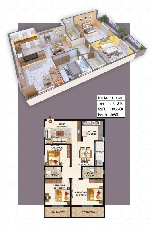 Floor plan of 3 BHK 1365 Sq. Ft. Apartment in Adithi Elegance, Bangalore