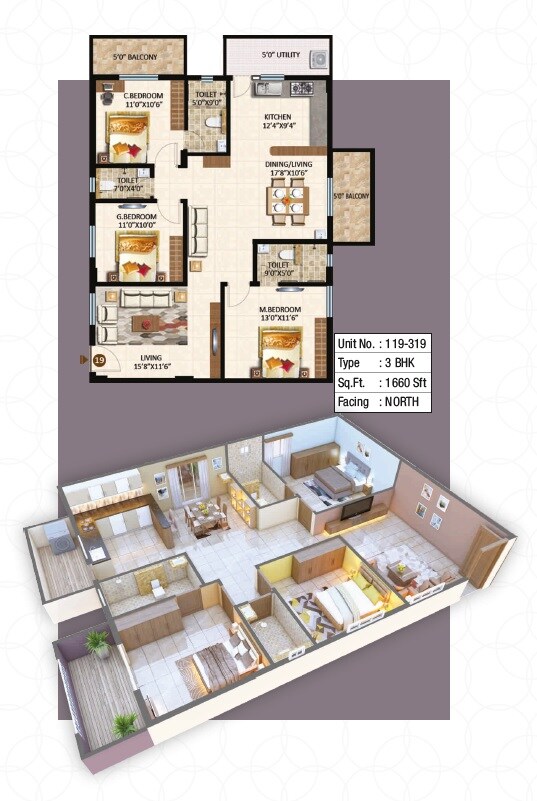 Floor plan of 3 BHK 1660 Sq. Ft. Apartment in Adithi Elegance, Bangalore