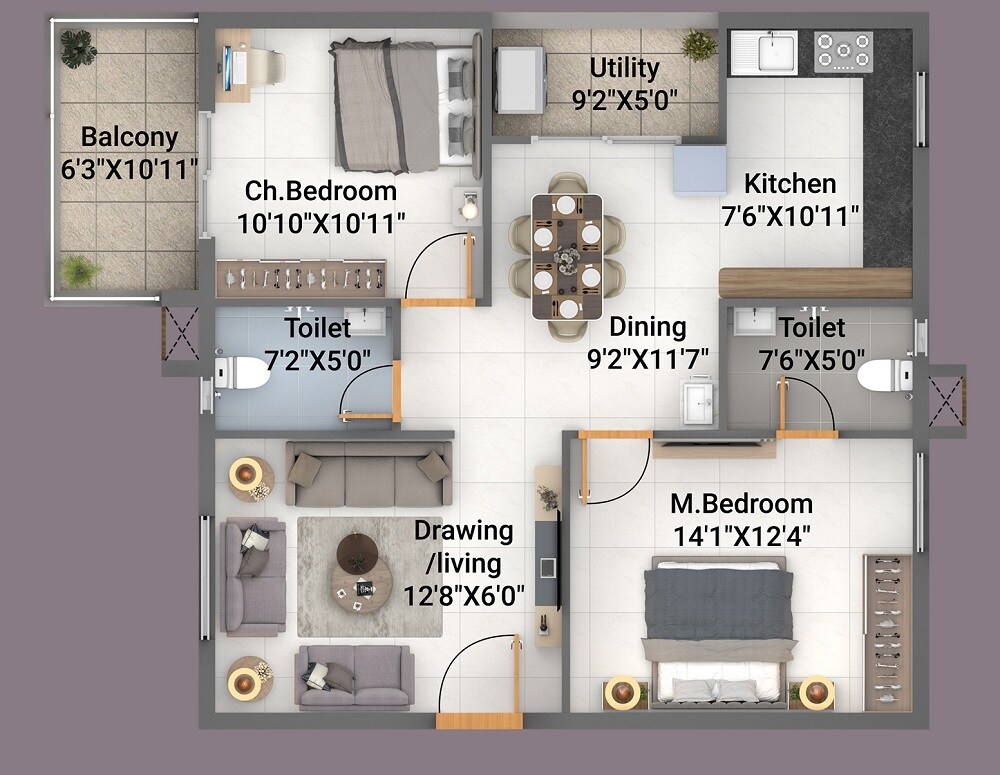 Floor plan of 2 BHK 1115 Sq. Ft. Apartment in Adithi Elysian, Bangalore