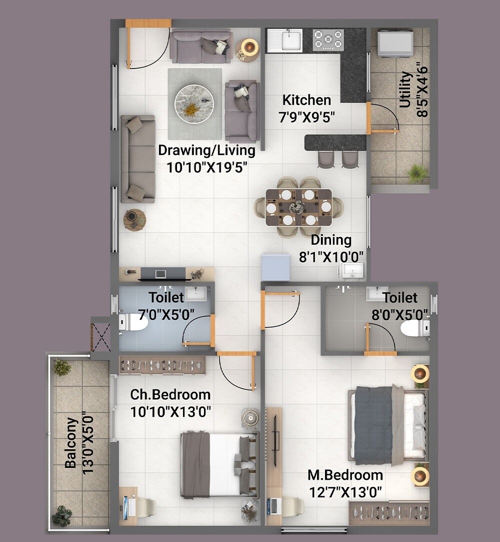 Floor plan of 2 BHK 1365 Sq. Ft. Apartment in Adithi Elysian, Bangalore