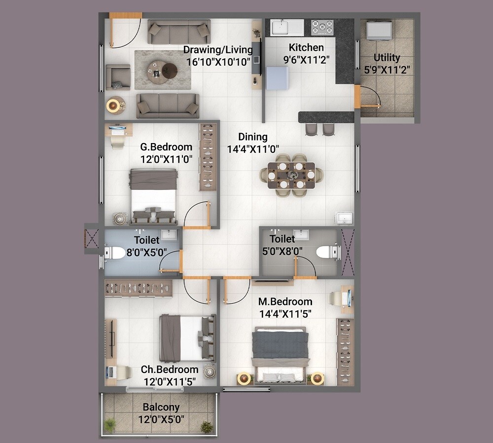 Floor plan of 3 BHK 1570 Sq. Ft. Apartment in Adithi Elysian, Bangalore