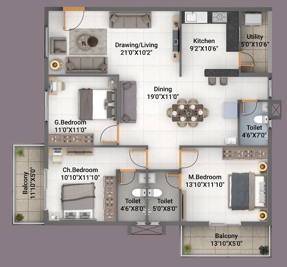 Floor plan of 3 BHK 1605 Sq. Ft. Apartment in Adithi Elysian, Bangalore