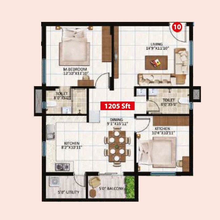 Floor plan of 2 BHK 1205 Sq. Ft. Apartment in Adithi Eternia, Bangalore