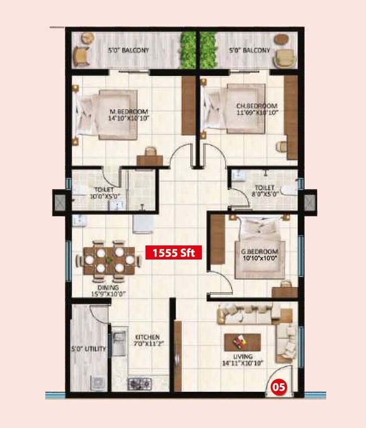 2 BHK 1555 Sq. Ft. Apartment