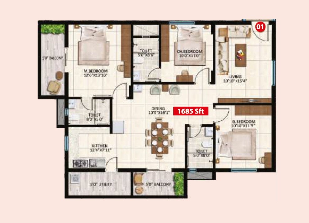 Floor plan of 3 BHK 1645 Sq. Ft. Apartment in Adithi Eternia, Bangalore