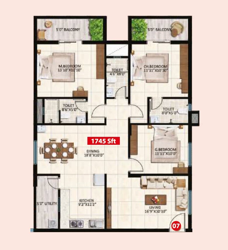 3 BHK 1745 Sq. Ft. Apartment