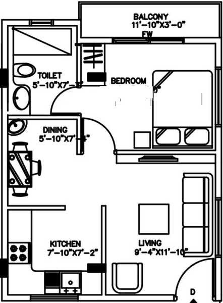 Floor plan of 1 BHK 440 Sq. Ft. Apartment in Adithi Padmashree, Bangalore