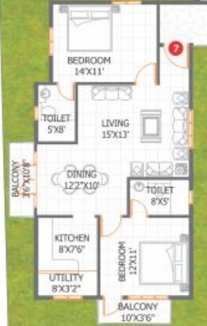 Floor plan of 2 BHK 870 Sq. Ft. Apartment in Adithya Pristine, Bangalore