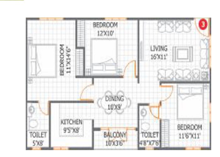 Floor plan of 3 BHK 1225 Sq. Ft. Apartment in Adithya Pristine, Bangalore