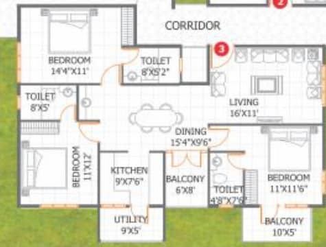 Floor plan of 3 BHK 1500 Sq. Ft. Apartment in Adithya Pristine, Bangalore
