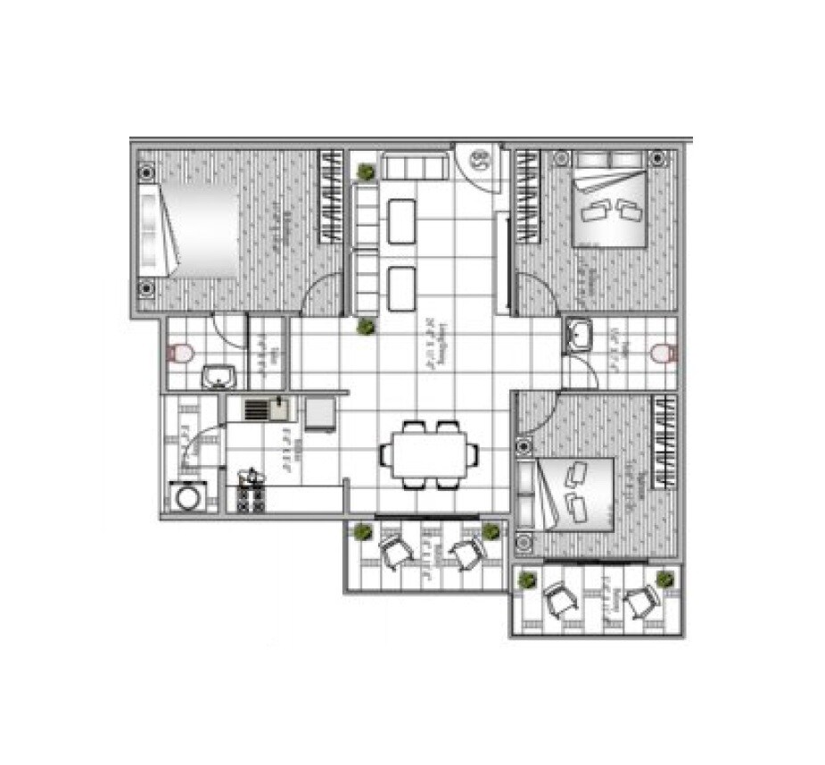 Floor plan of 3 BHK 1575 Sq. Ft. Apartment in Adithya Rica, Bangalore