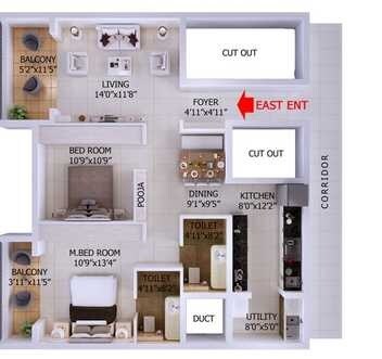 Floor plan of 2 BHK 1276 Sq. Ft. Apartment in Adithya Tranquil, Bangalore