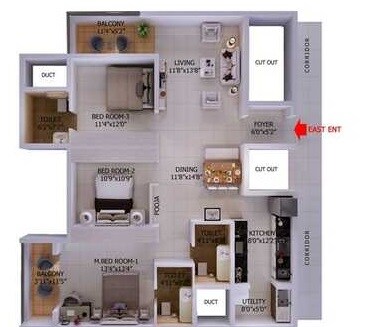 Floor plan of 3 BHK 1507 Sq. Ft. Apartment in Adithya Tranquil, Bangalore
