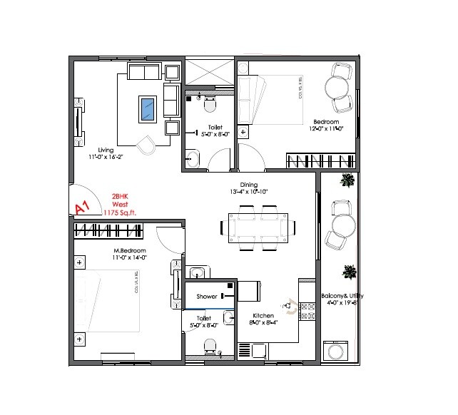 Floor plan of 2 BHK 1175 Sq. Ft. Apartment in Adithya Valioso, Bangalore