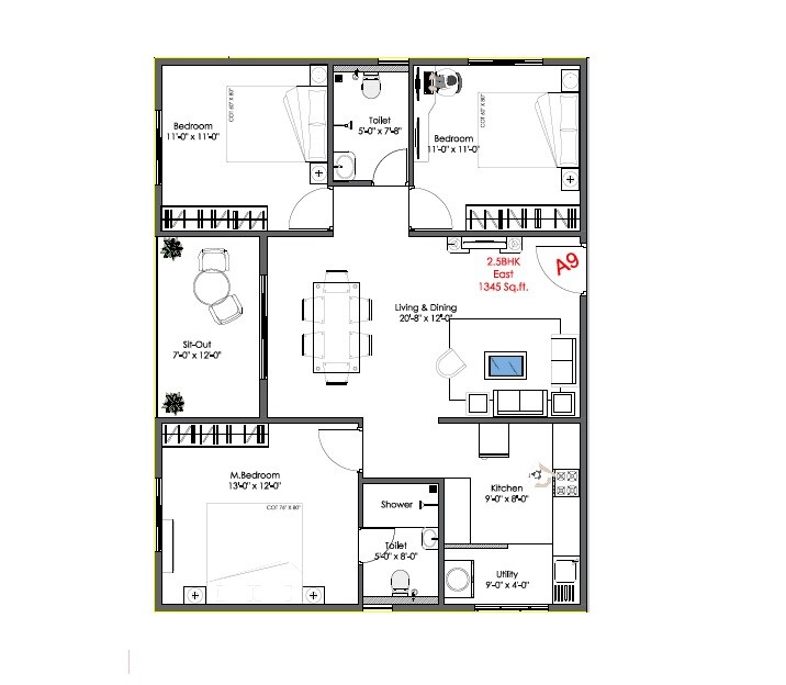 Floor plan of 2 BHK 1345 Sq. Ft. Apartment in Adithya Valioso, Bangalore