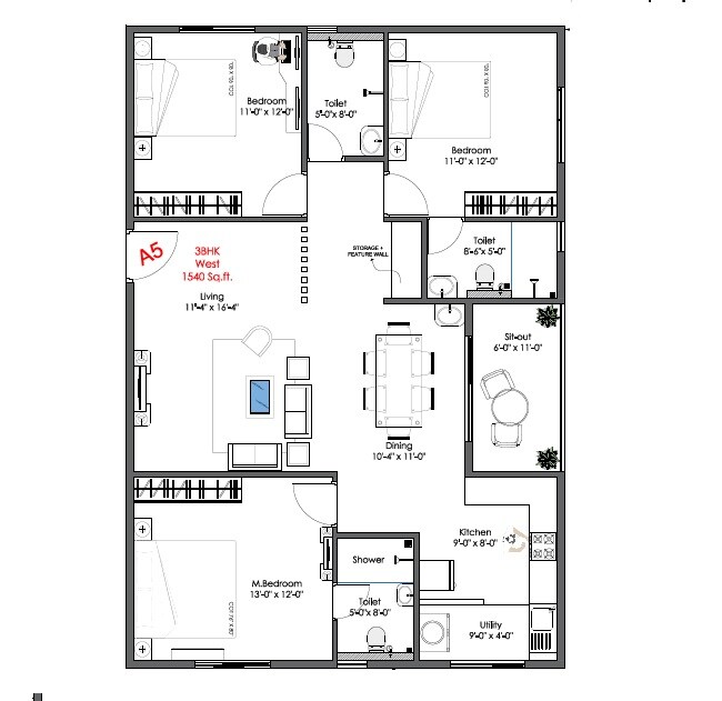 Floor plan of 3 BHK 1540 Sq. Ft. Apartment in Adithya Valioso, Bangalore