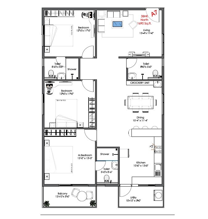 Floor plan of 3 BHK 1690 Sq. Ft. Apartment in Adithya Valioso, Bangalore